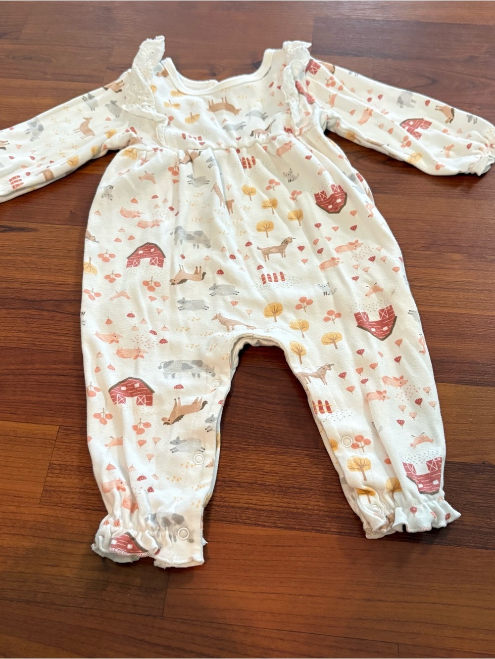 Rabbit+Bear 6-9 month One-Piece Romper in Cream with Rustic Farm Print